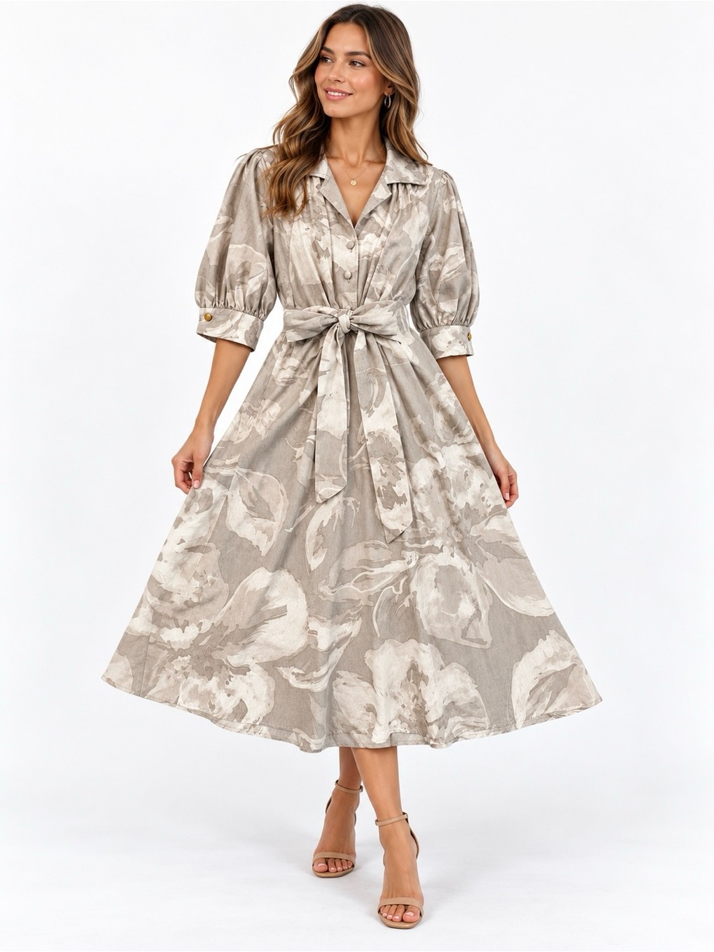 Donna Karan New York Linen Viscose Floral Belted Midi Shirt Dress – Size 12